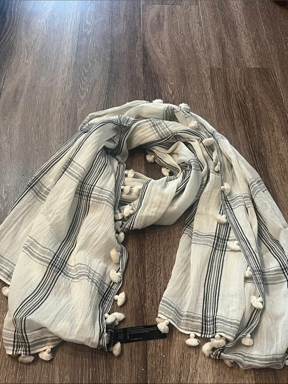 Eileen Fisher white and Black Striped Tassel Scarf